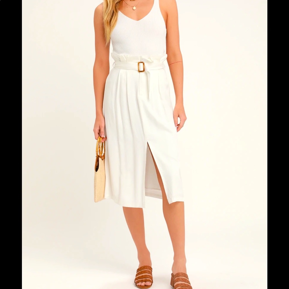 Lulus White Paper Bag Waist Midi Skirt